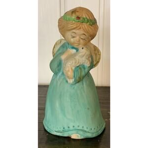 Girl w Lamb Jasco 1978 Christmas Bell Green Dress Blonde‎ Hair Eyelashes